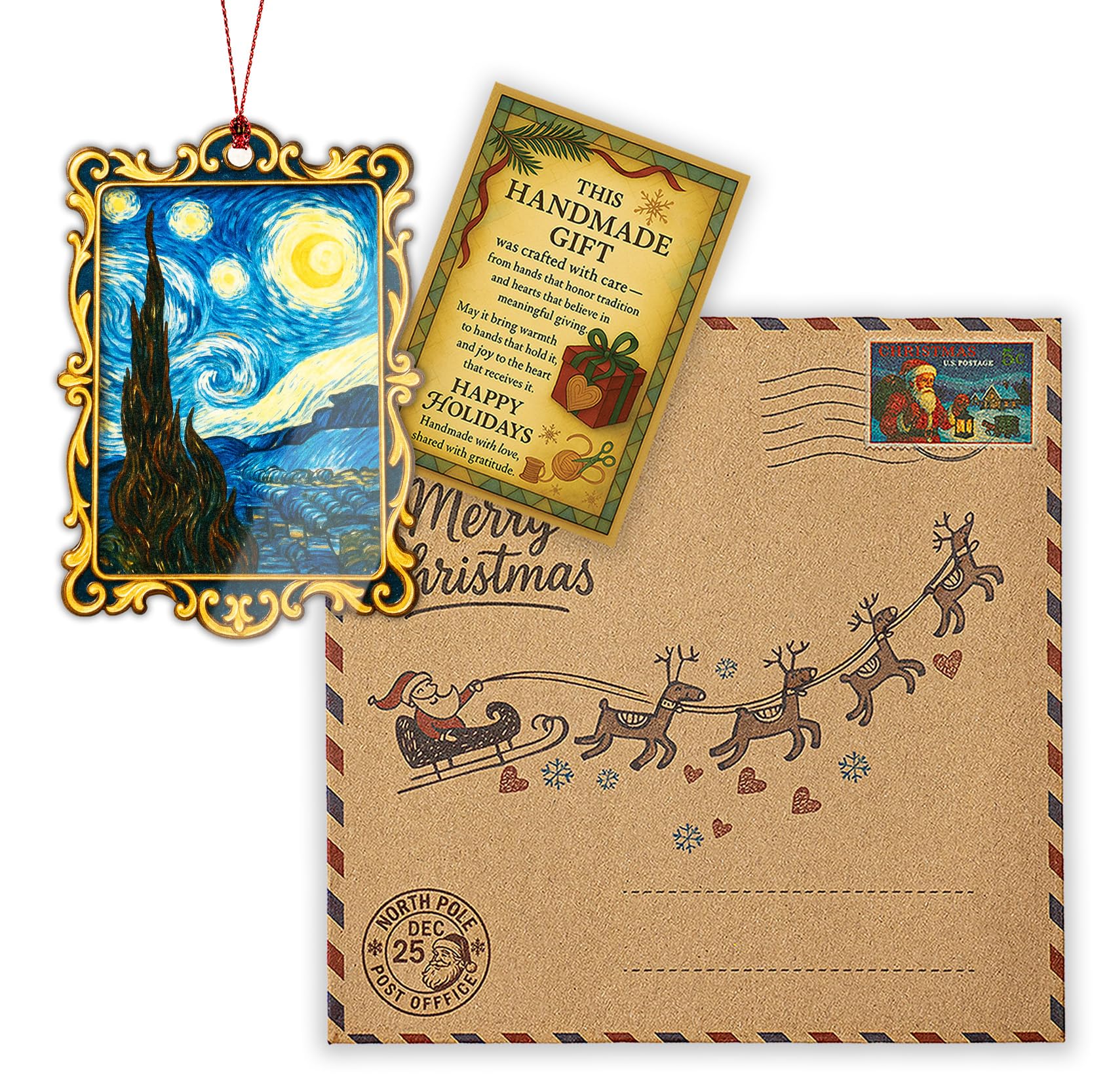 Window hanging ornament with festive design and story card