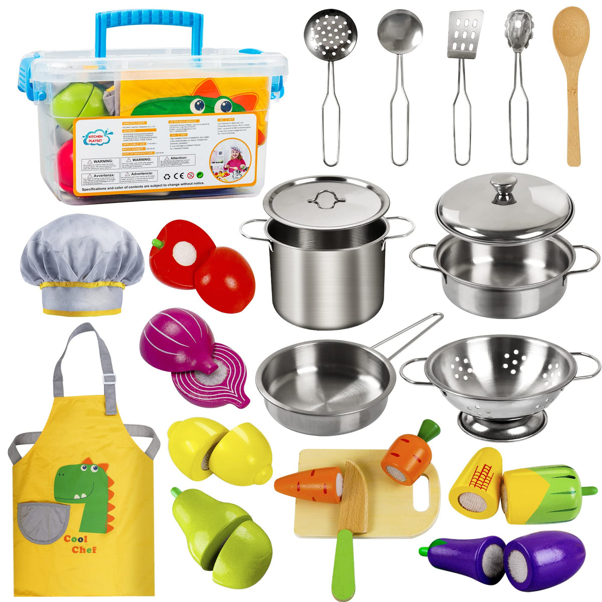 Sundaymot Play Kitchen Accessories 23-piece set with wooden food and stainless steel pots