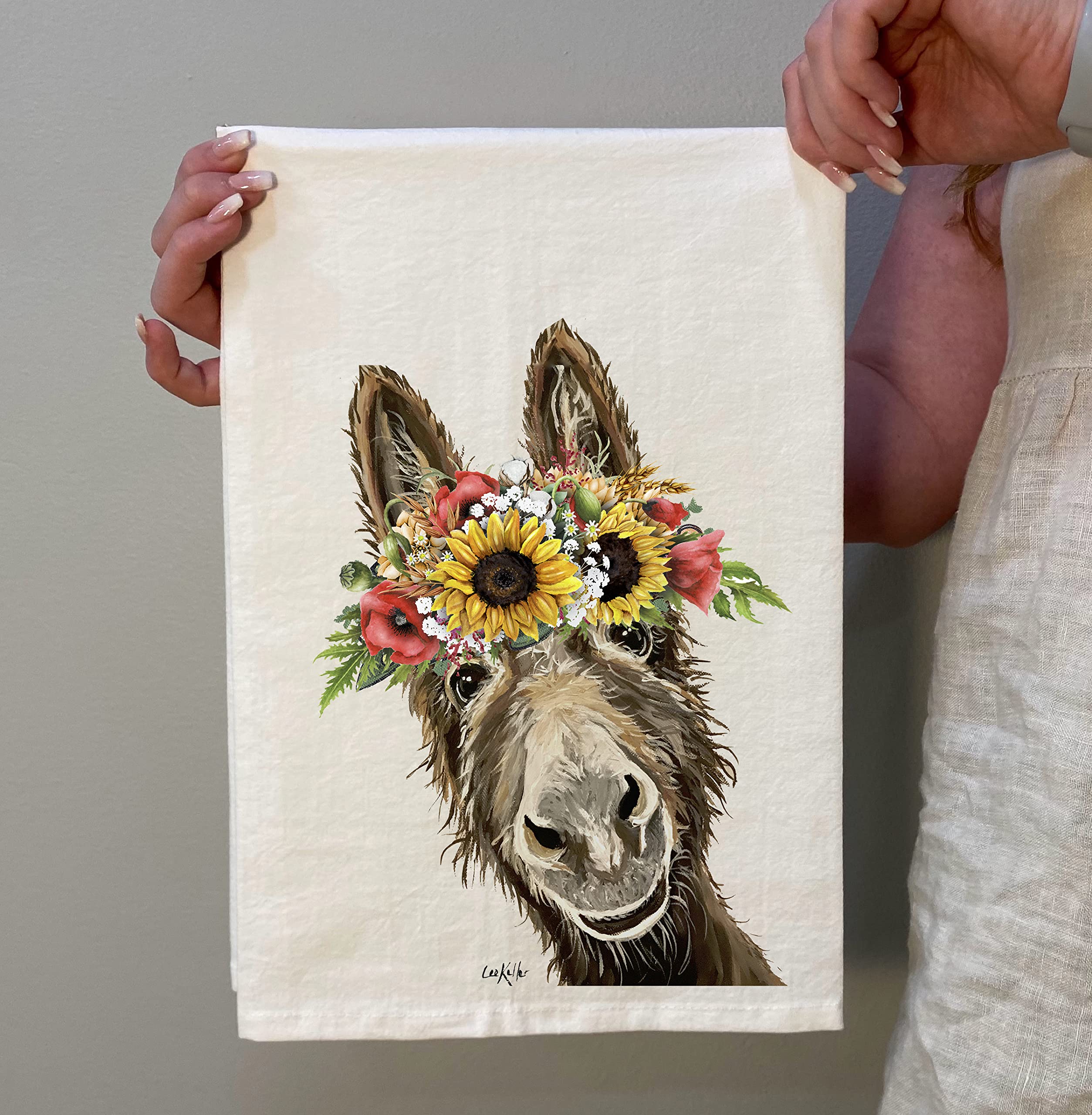 Sunflower donkey flour sack towel measuring 27x27 in Turkish cotton