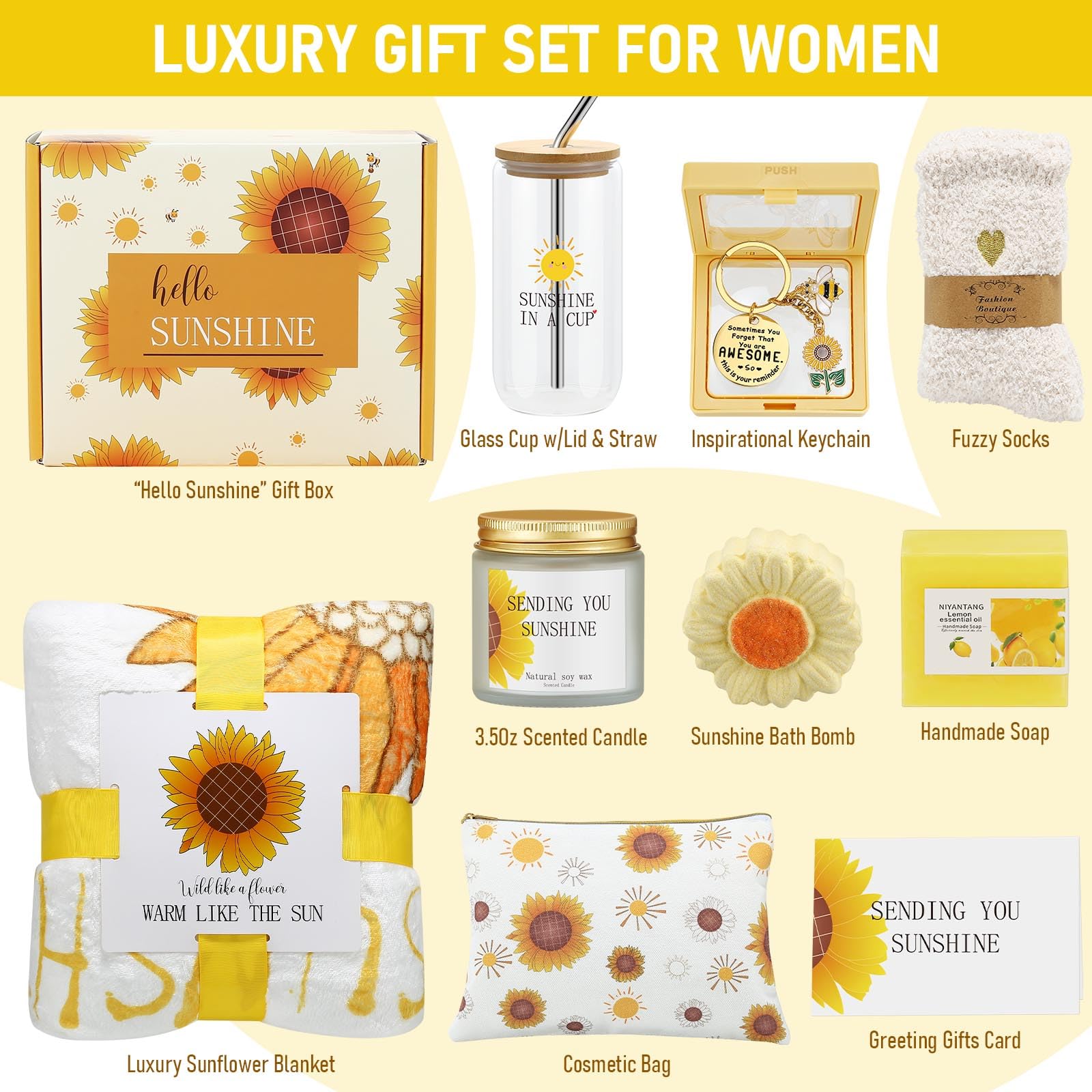 Sunflower gift basket showing 9 items