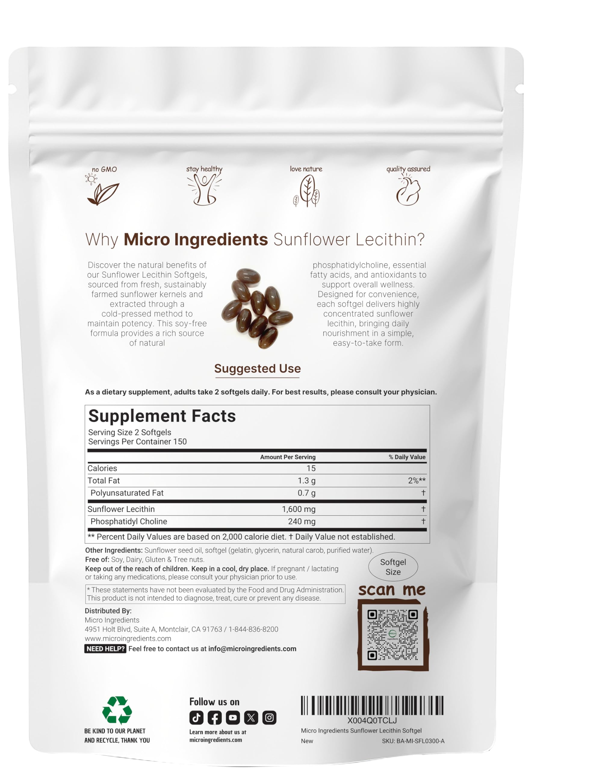 Sunflower Lecithin 1,600mg per serving label on bottle