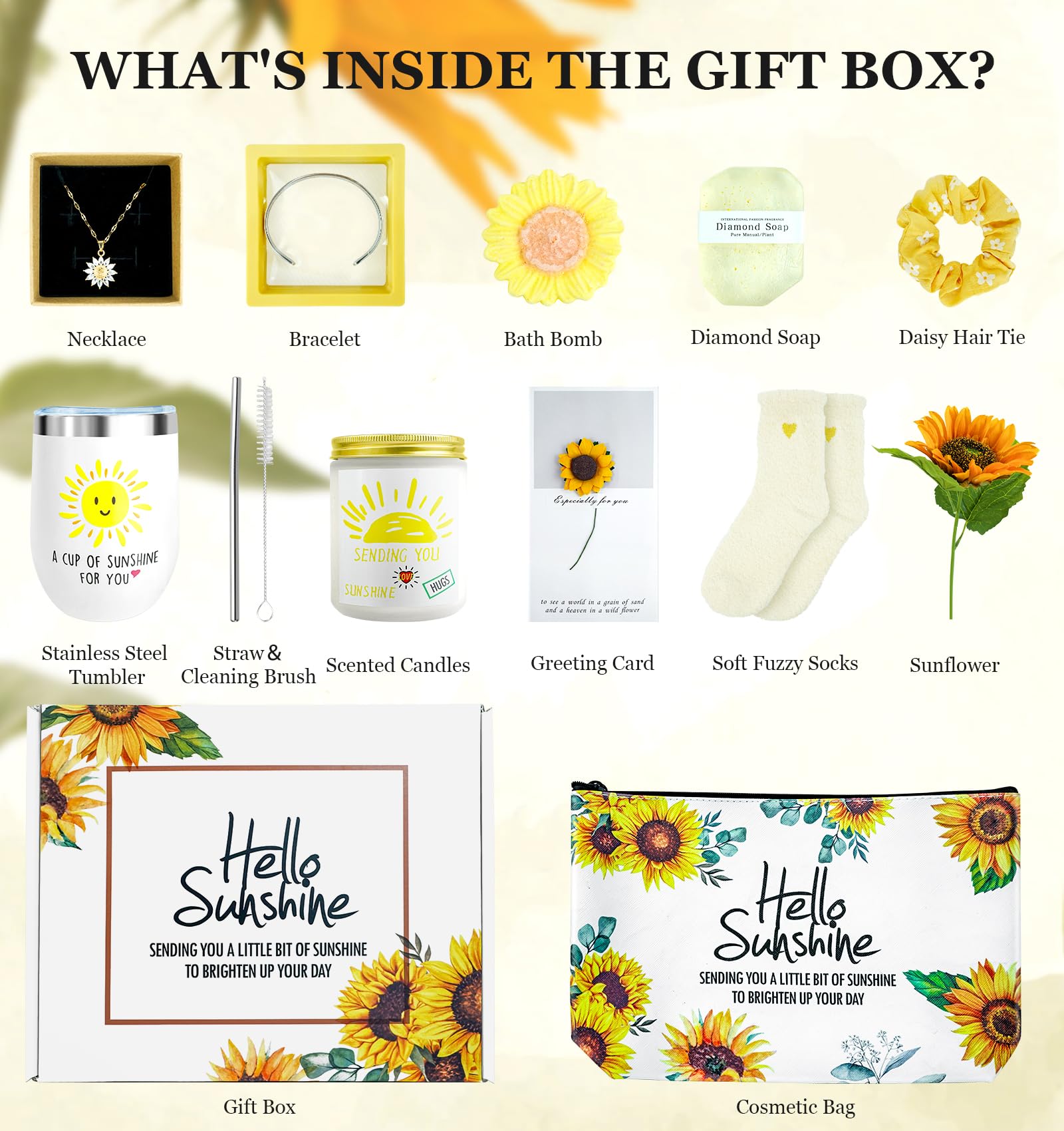 Sunflower necklace and Inspirational Bracelet shown in the box