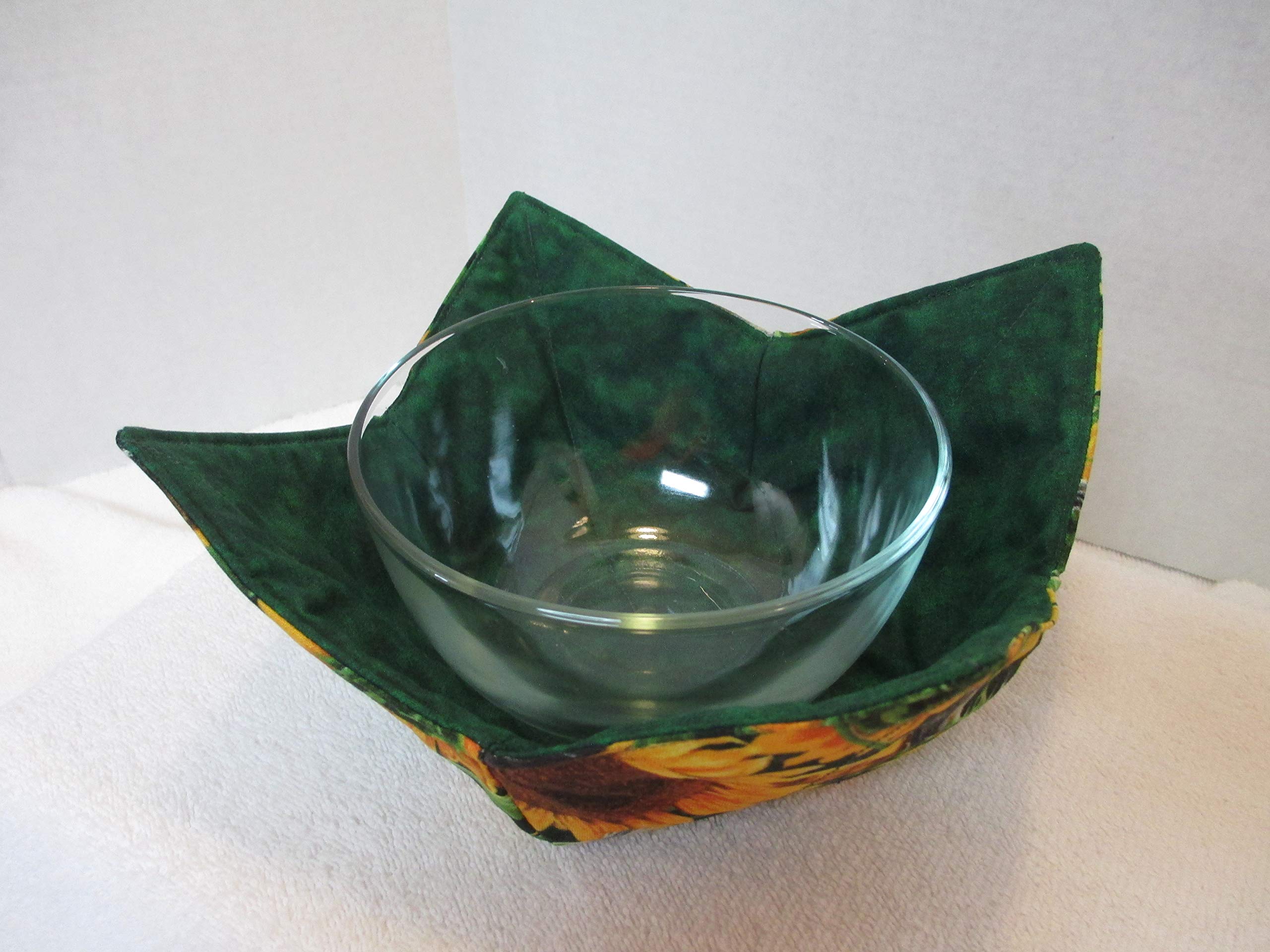 Sunflowers and Birds Soup Bowl Cozy in use with bowls