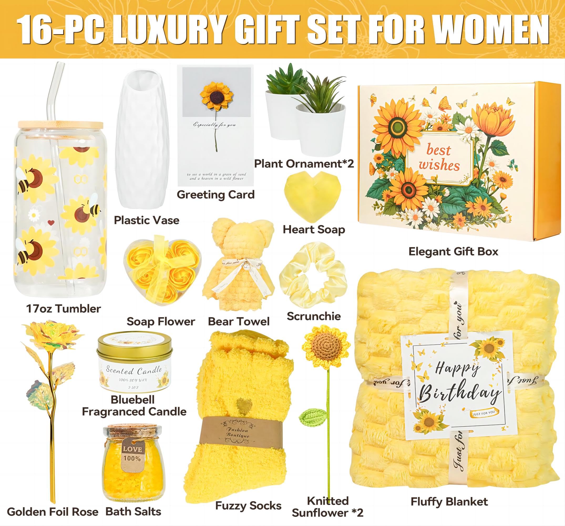 Sunflower ornaments accent the self-care gift basket
