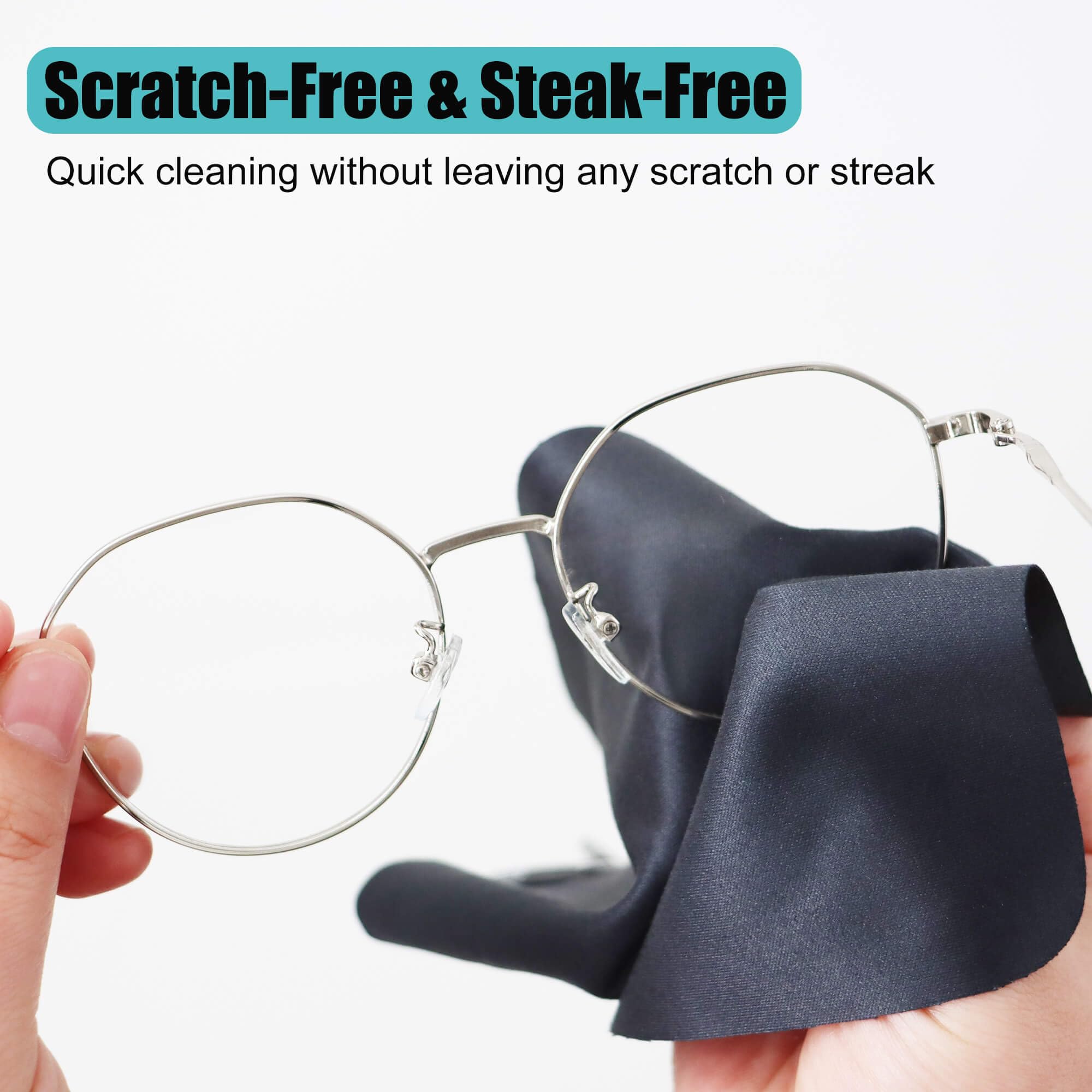 Scratch-free streak-free eyeglasses cleaning cloth in use