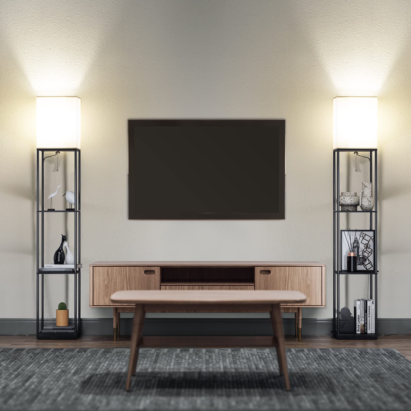 Black SUNMORY floor lamp with shelves for living room decor