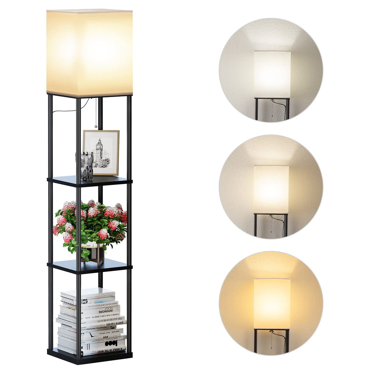 SUNMORY floor lamp with shelves black finish in living room