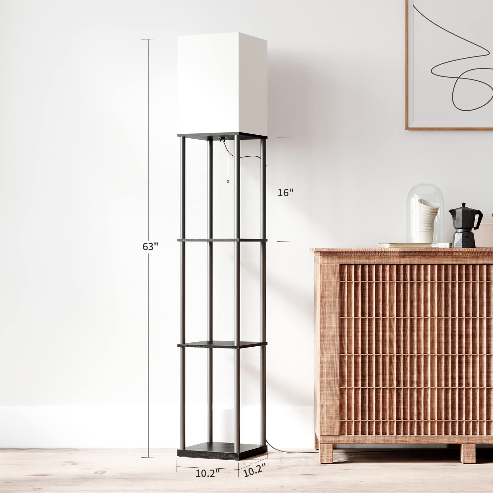 SUNMORY floor lamp used as corner lamp with shelf storage