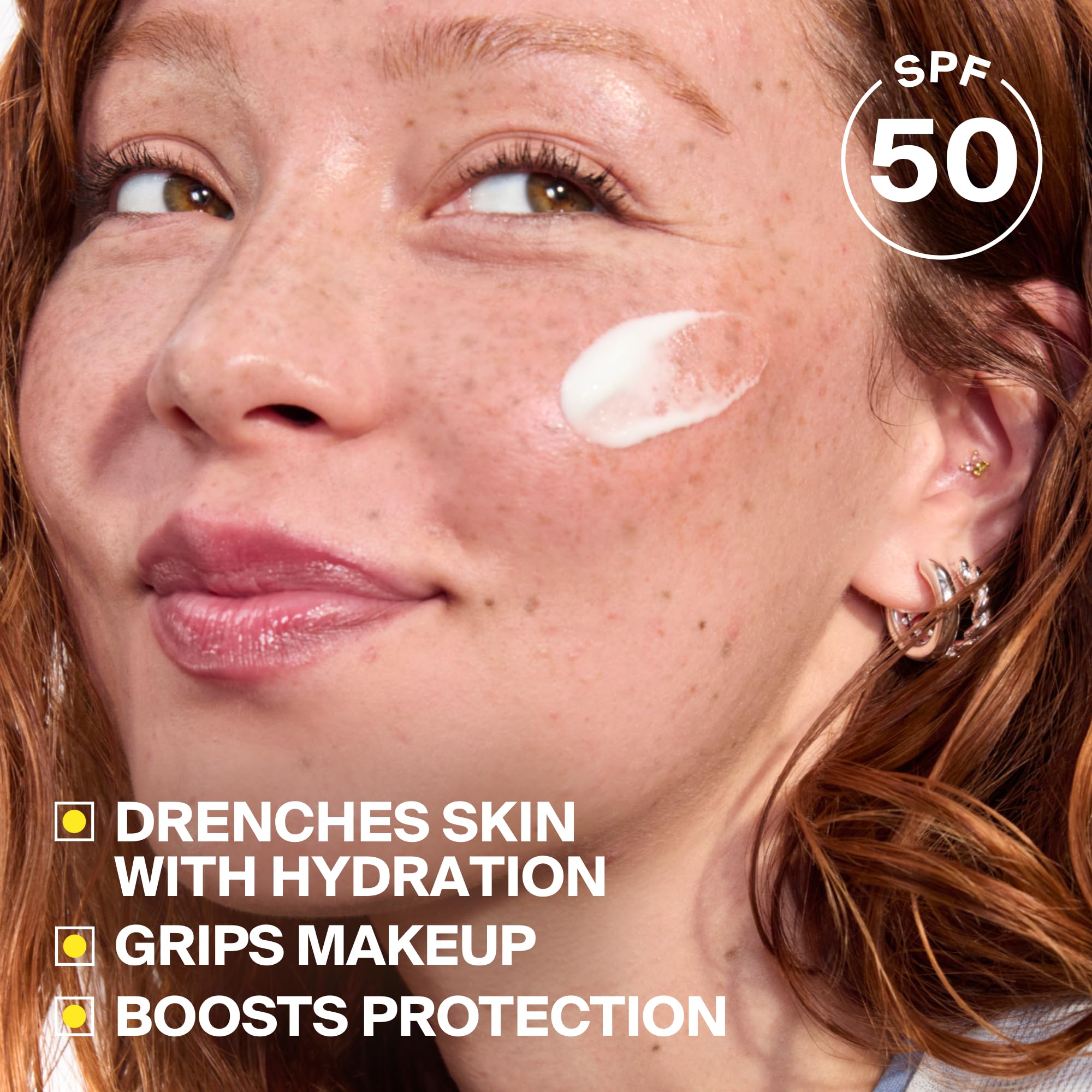 Close up of Dewscreen hydration label SPF 50 on a bottle