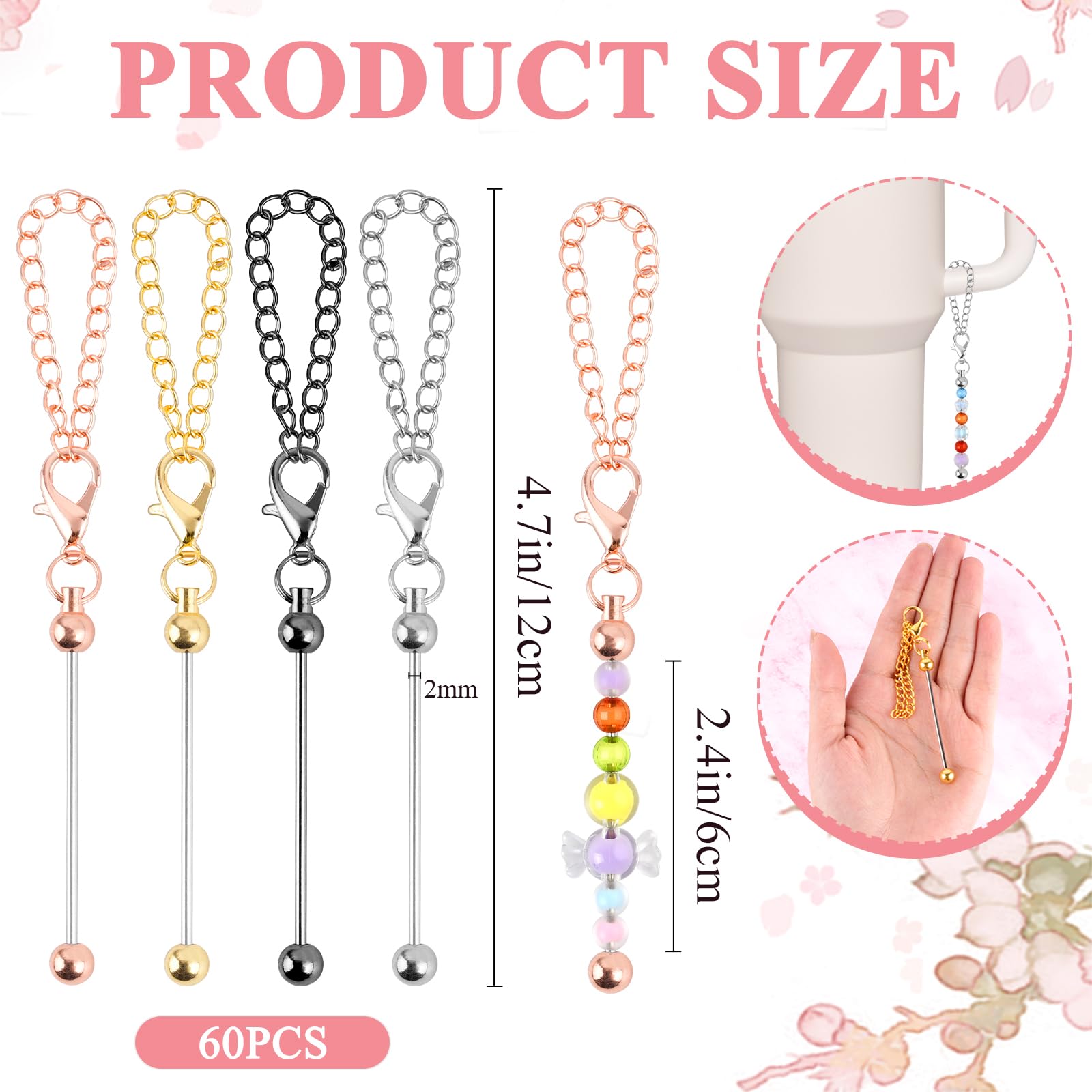 Clip on cup rims straws phone lanyards and keychains with beadable charm