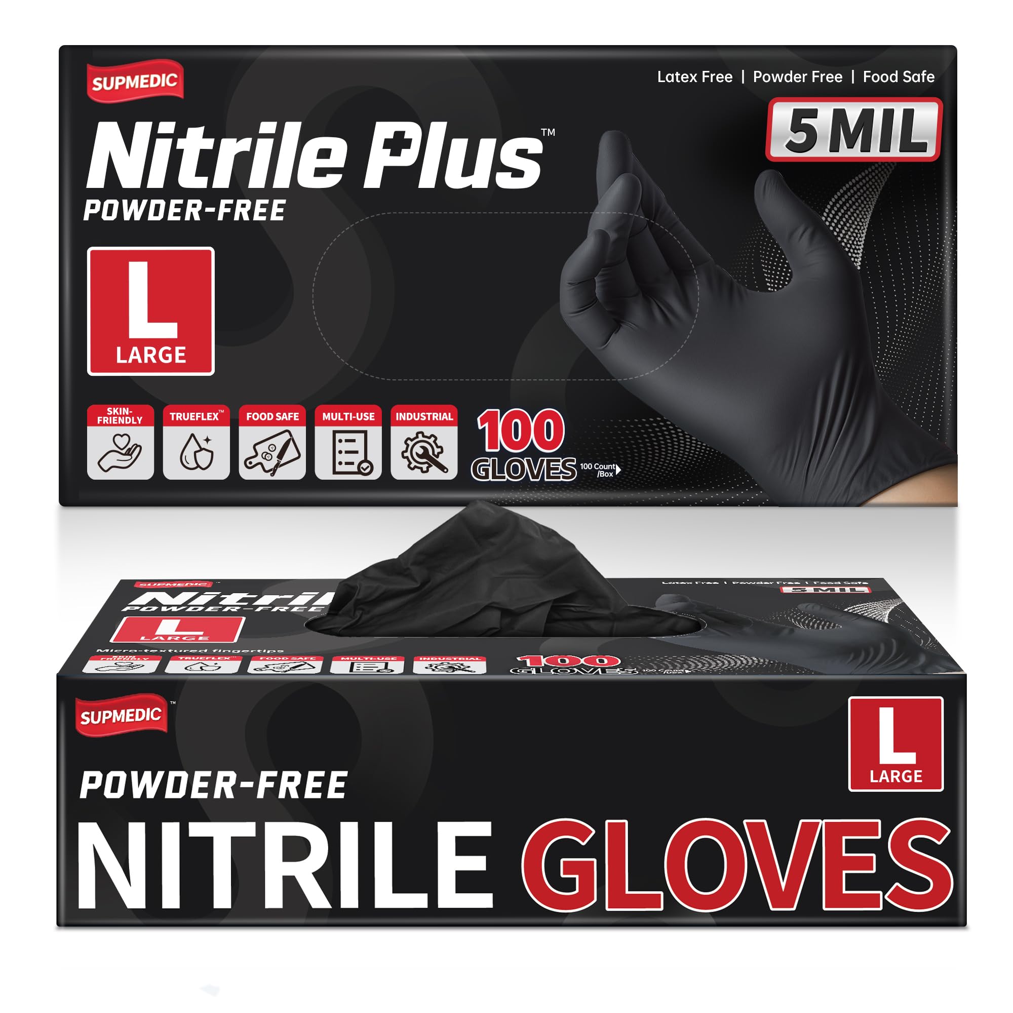 Supmedic Nitrile+ disposable gloves 5Mil Powder-Free Glove black size Large