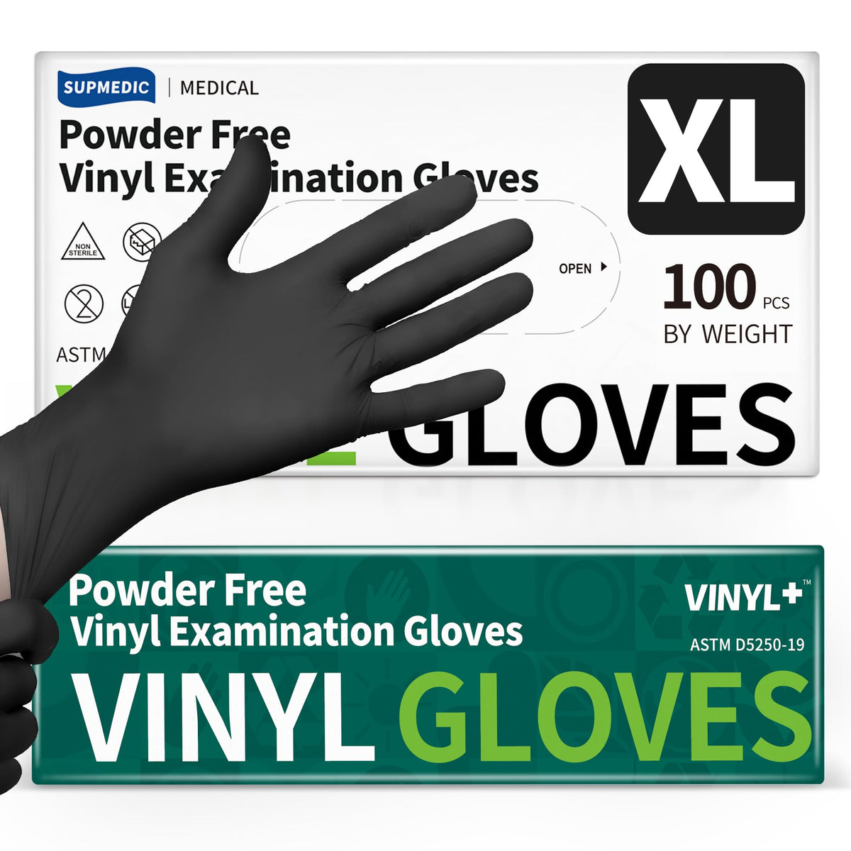 Supmedic vinyl disposable exam gloves black xl 100 count