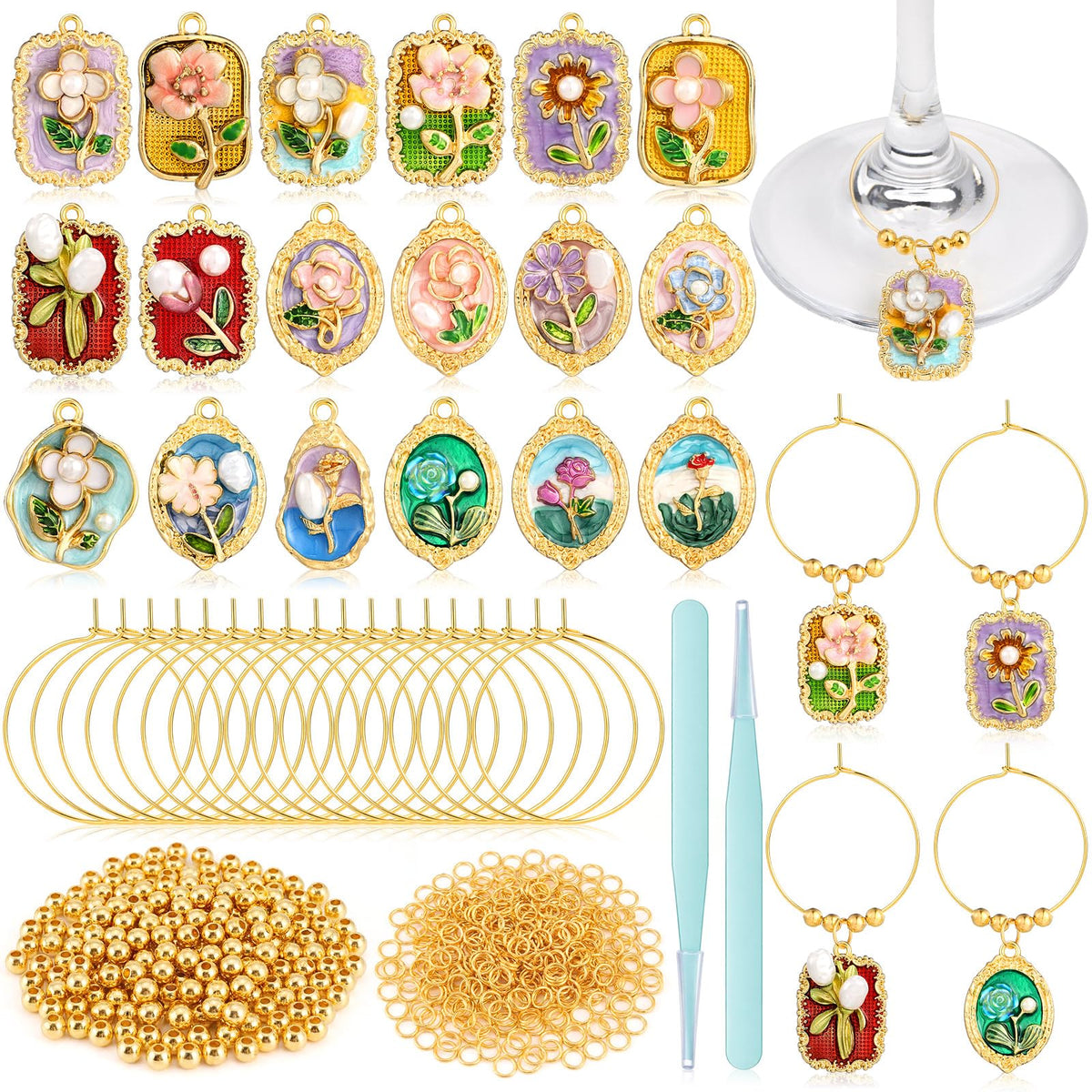 Sureio 18 sets wine glass charms kit with 18 charms and accessories