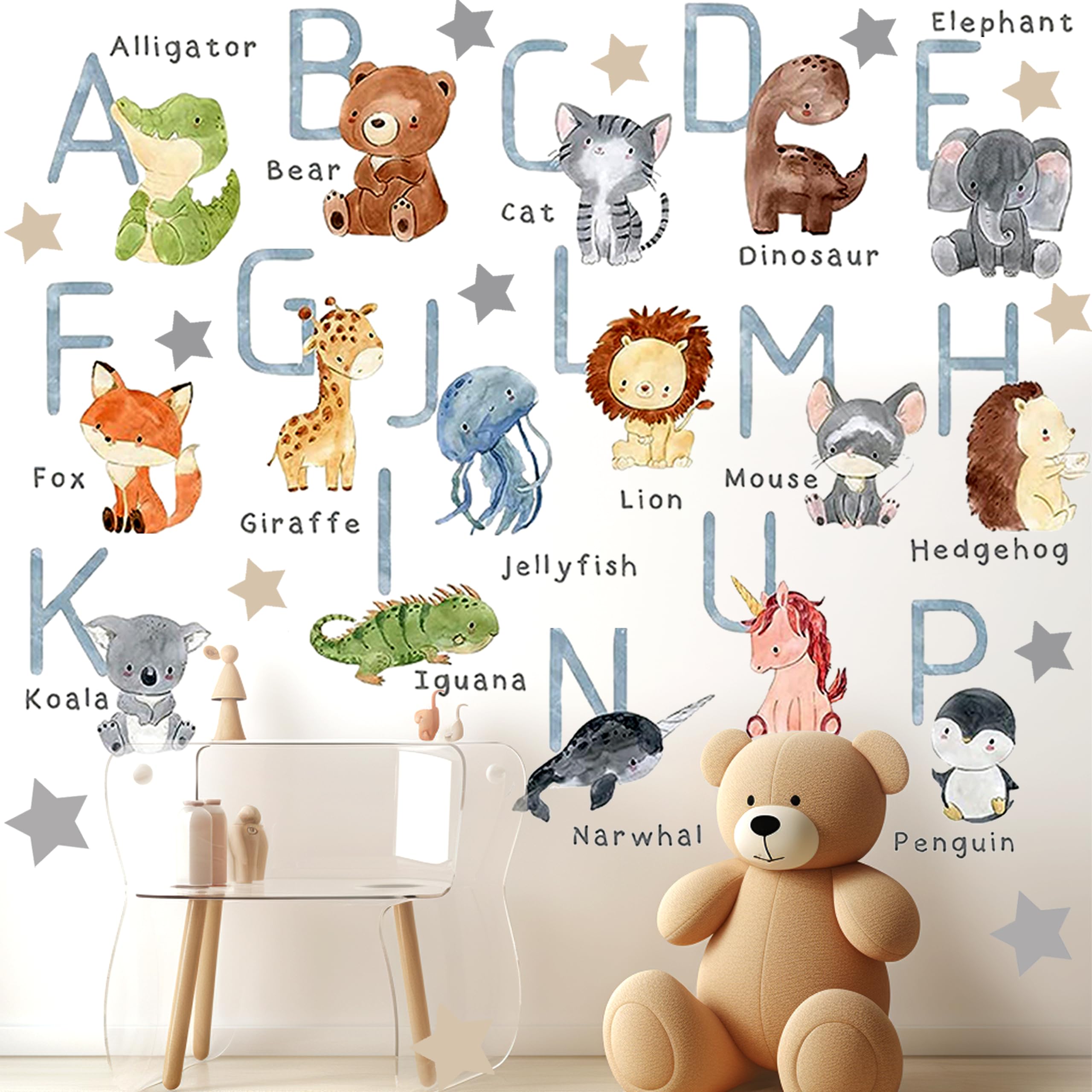 Thin animal alphabet decals for smooth surfaces