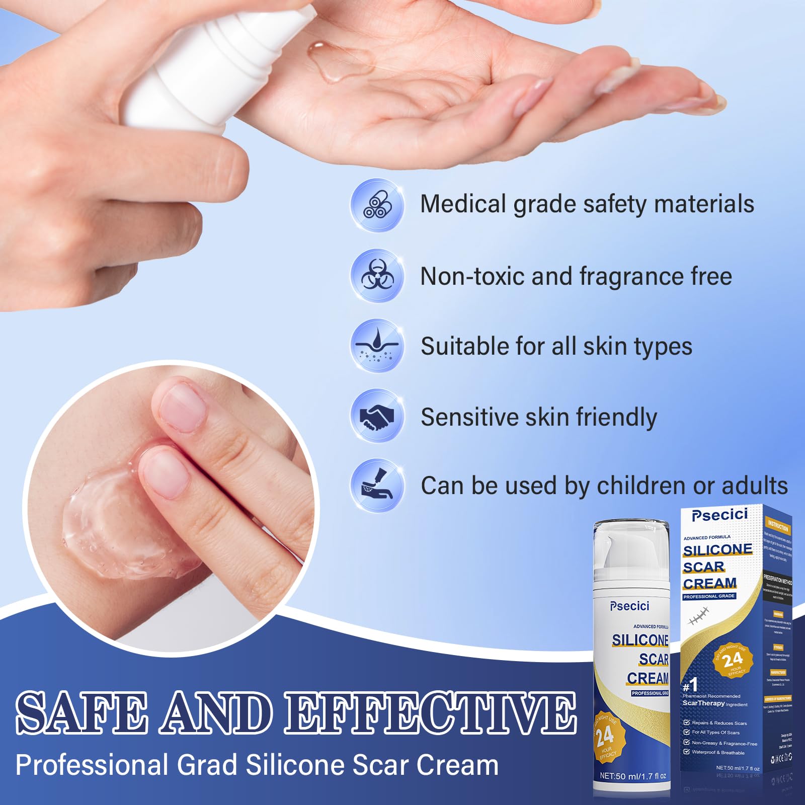 Advanced scar remover gel for various scar types Psecici 50 g blue