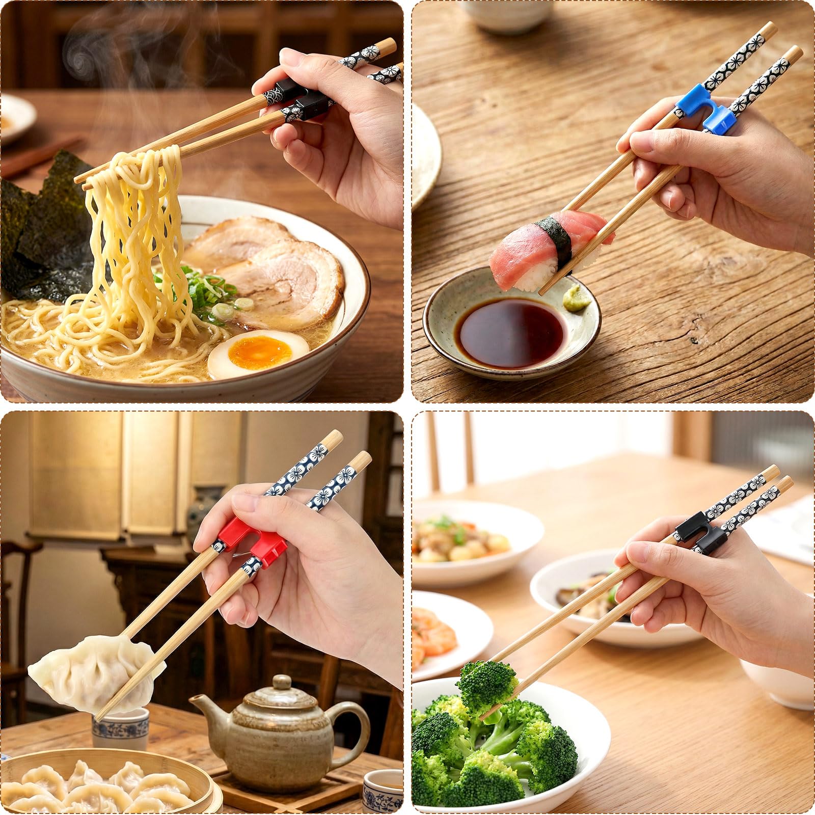 Dishwasher-capable wooden chopsticks with reusable holders