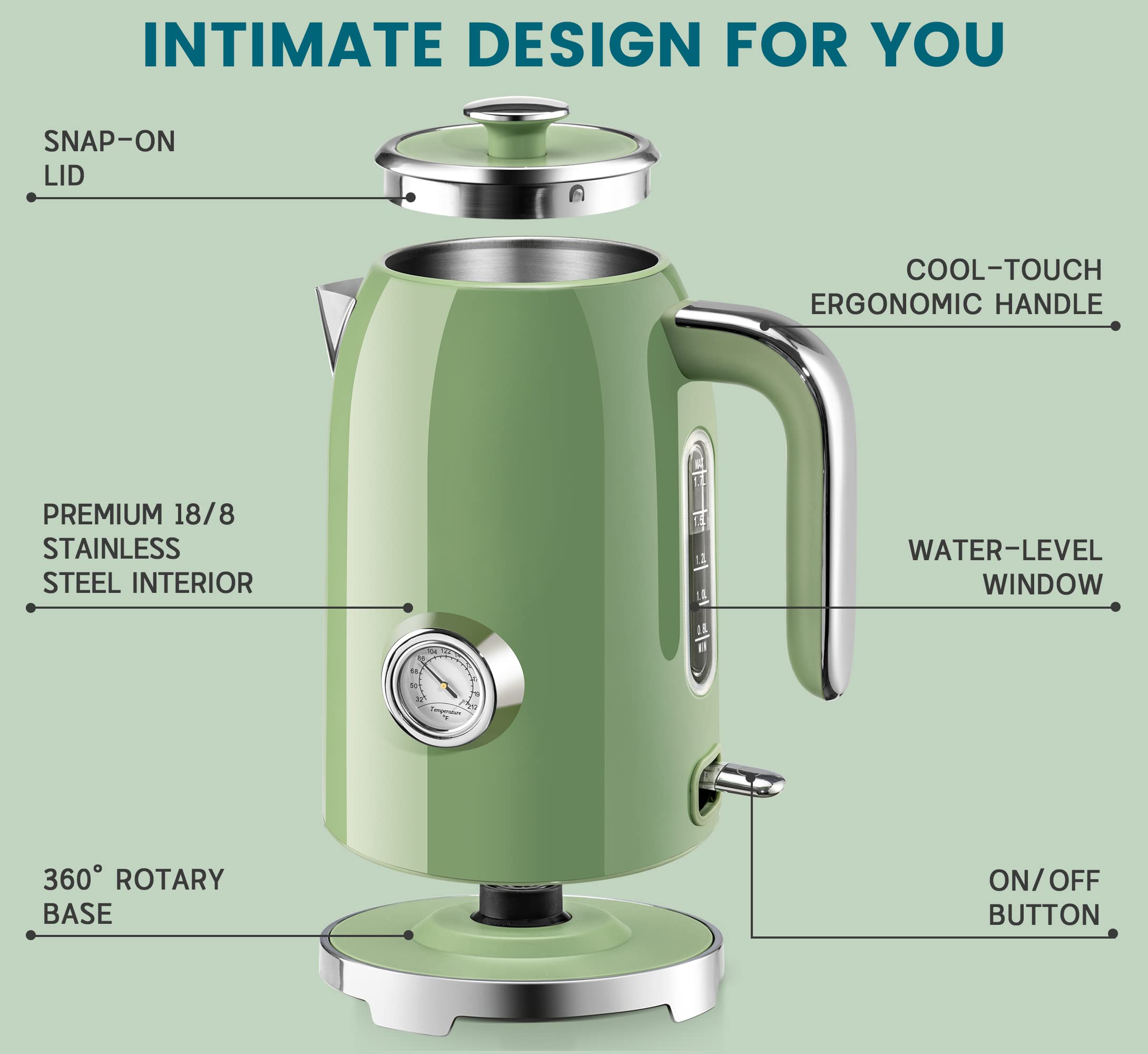 SUSTEAS 57oz electric kettle retro green exterior