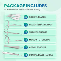 Needle holder and Adson forceps included in kit