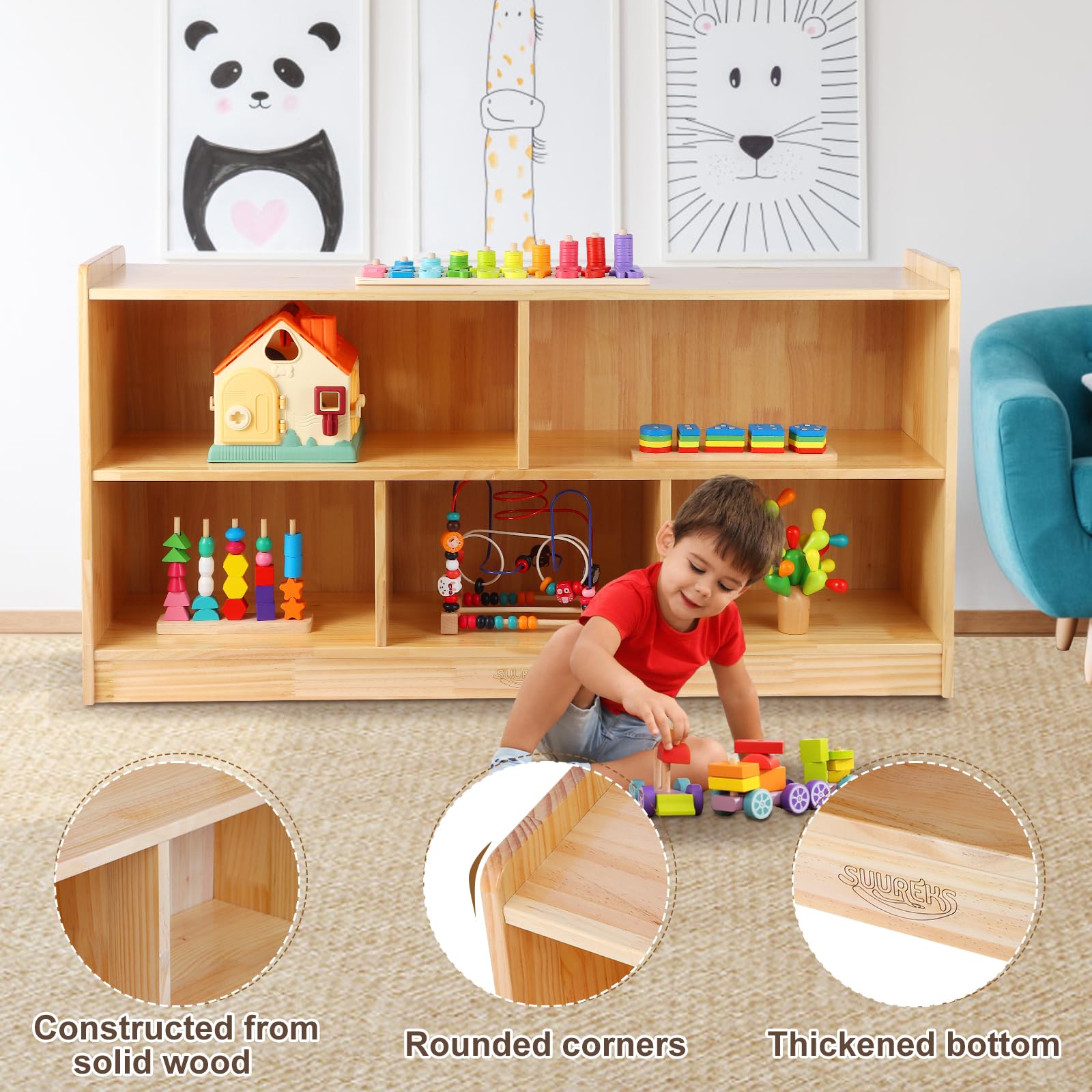 5-section wooden storage cabinet for kids rooms