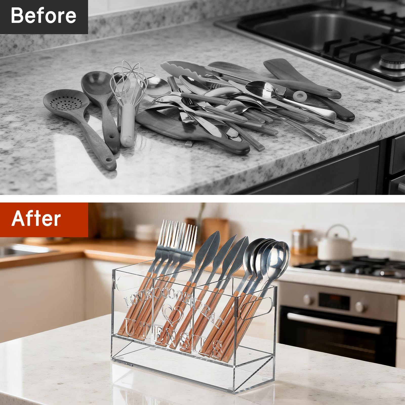 Moisture resistant acrylic utensil holder with drainage design on countertop