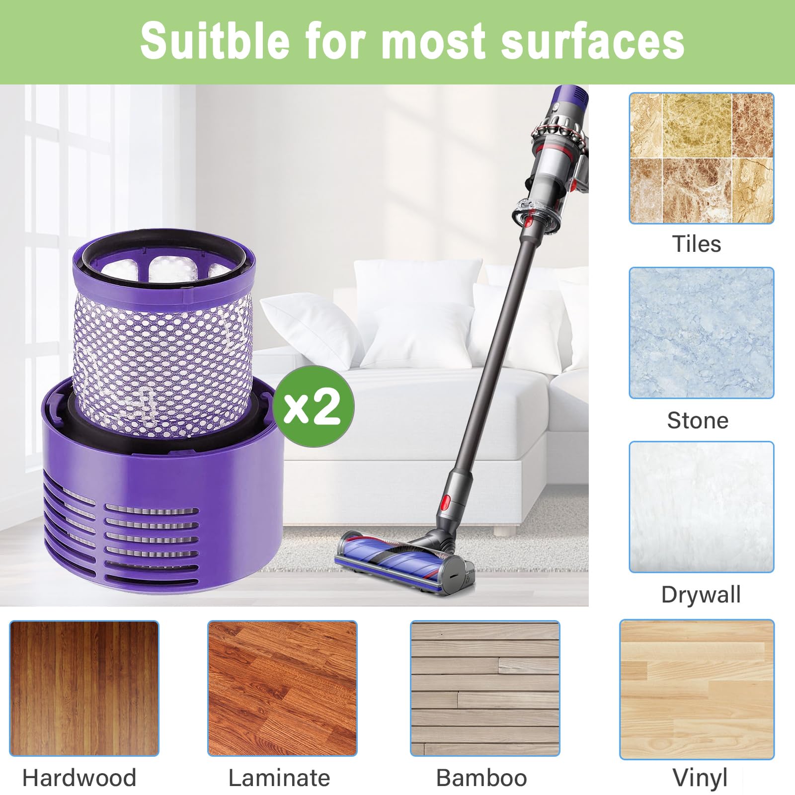 Cleaning brush included with 2 pack V10 replacement filters for SV12