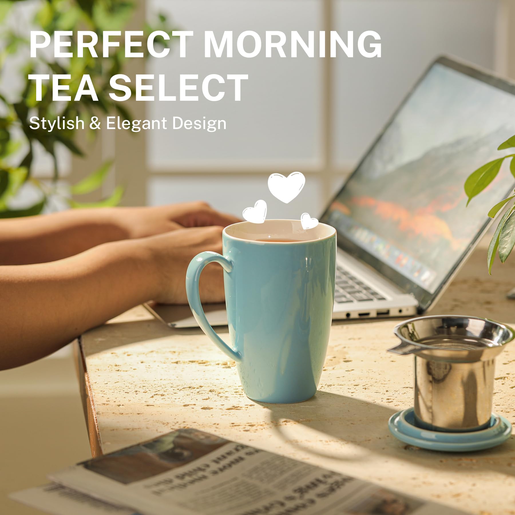 Extra-fine stainless tea strainer in mug