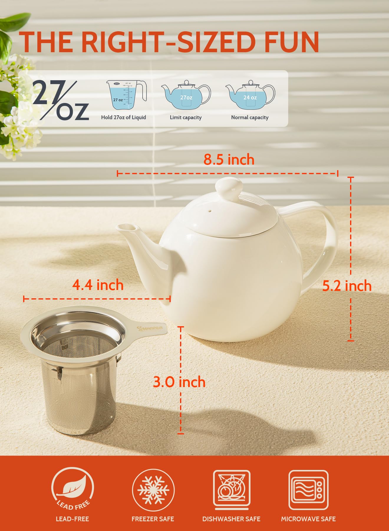 Sweese white porcelain teapot designed for loose tea with infuser