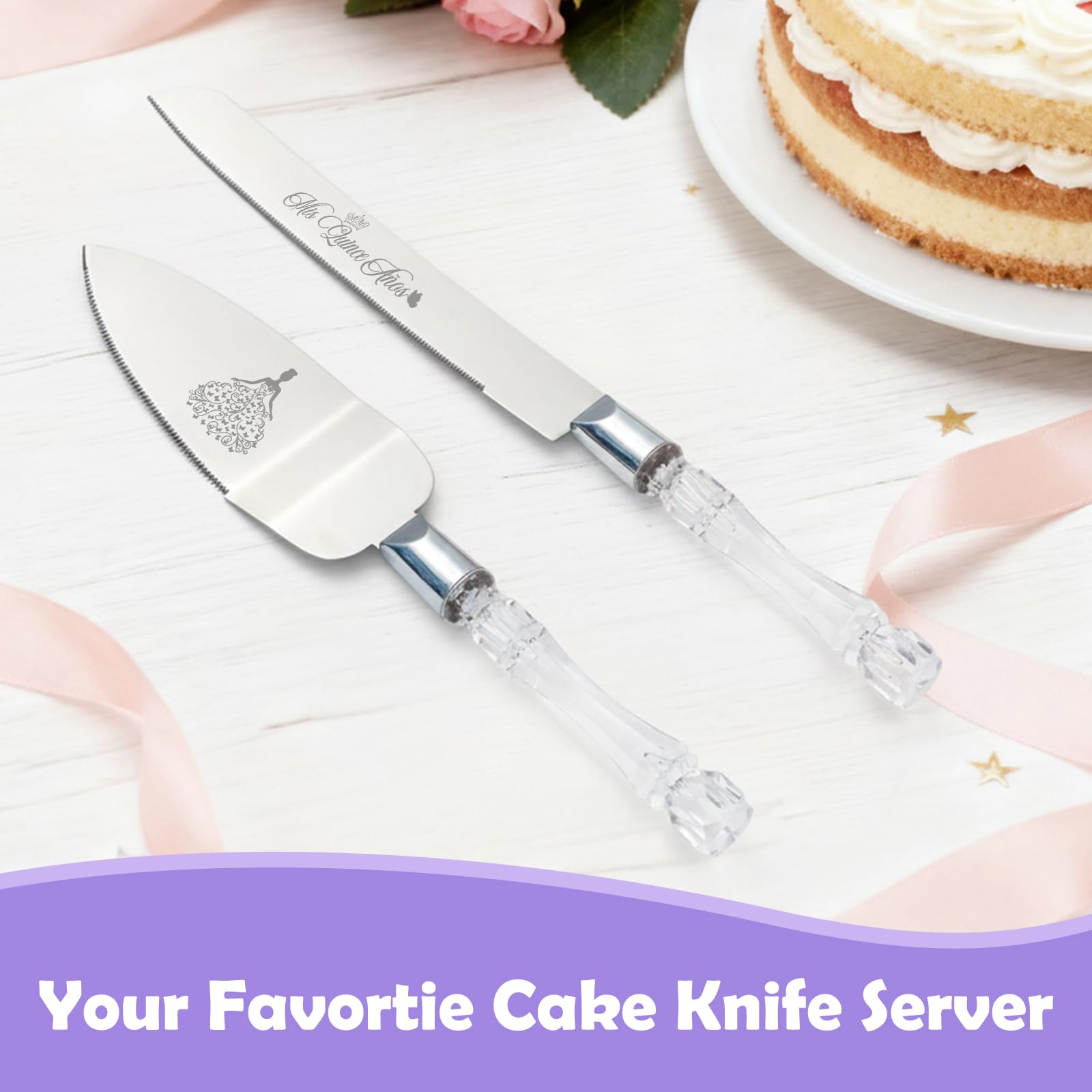 Stainless steel cake knife and server with silver finish