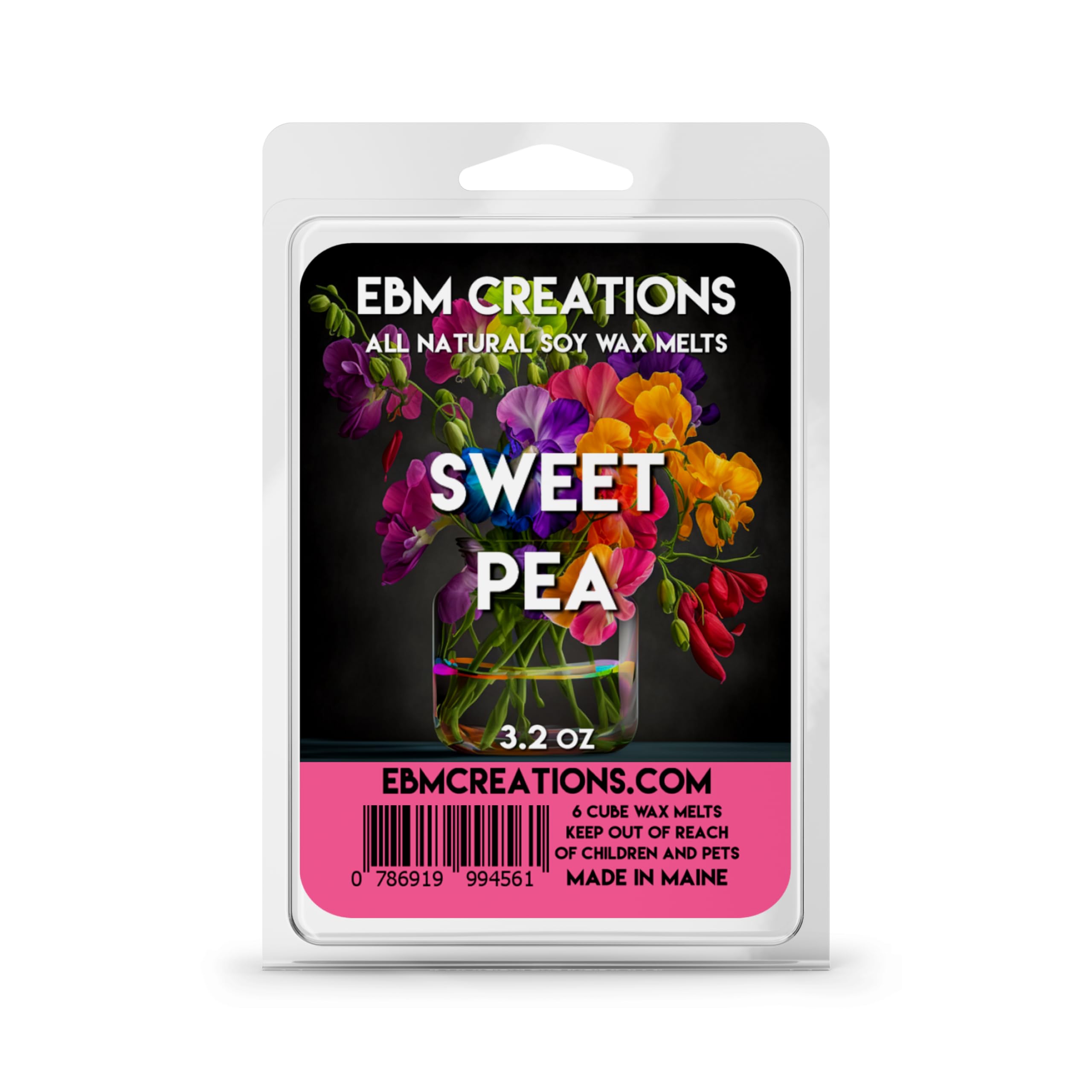 Sweet Pea wax melts in a 6 cube clamshell package