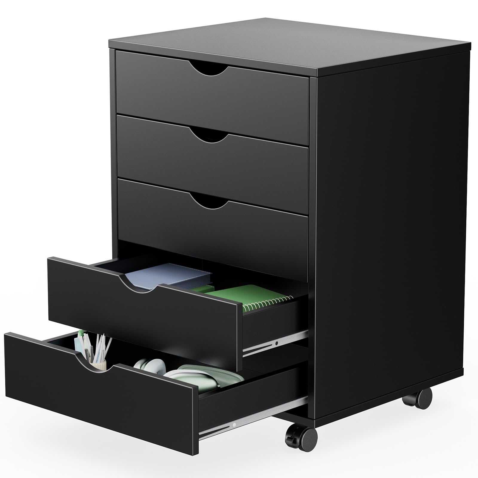 Sweetcrispy 5 Drawer Chest Black Wood with wheels