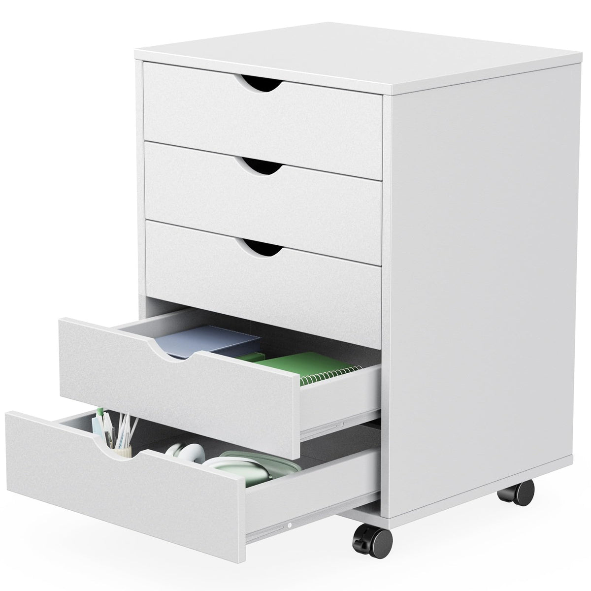 Sweetcrispy 5 Drawer Chest white wood with wheels
