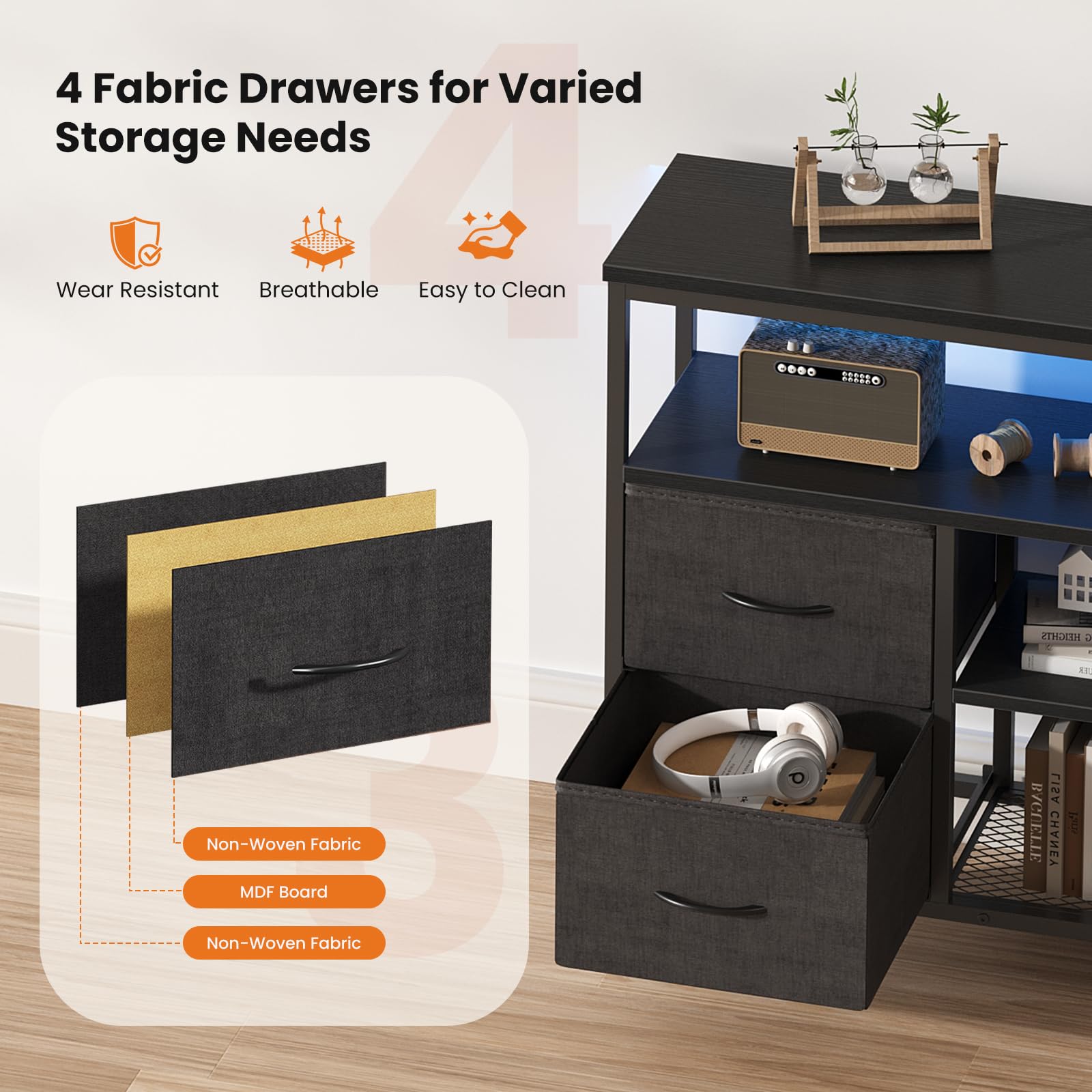 Fabric drawers and bottom mesh shelf for media accessories