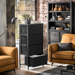 Nightstand with wooden top and four fabric drawers