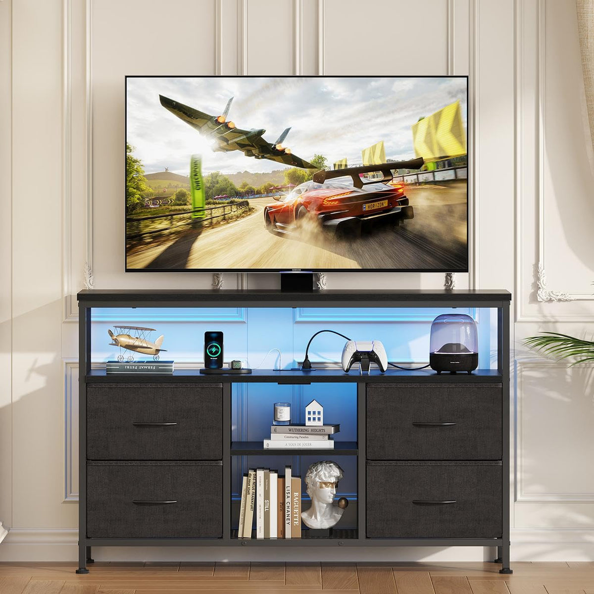 Sweetcrispy TV Stand Dresser LED lighting open shelf black