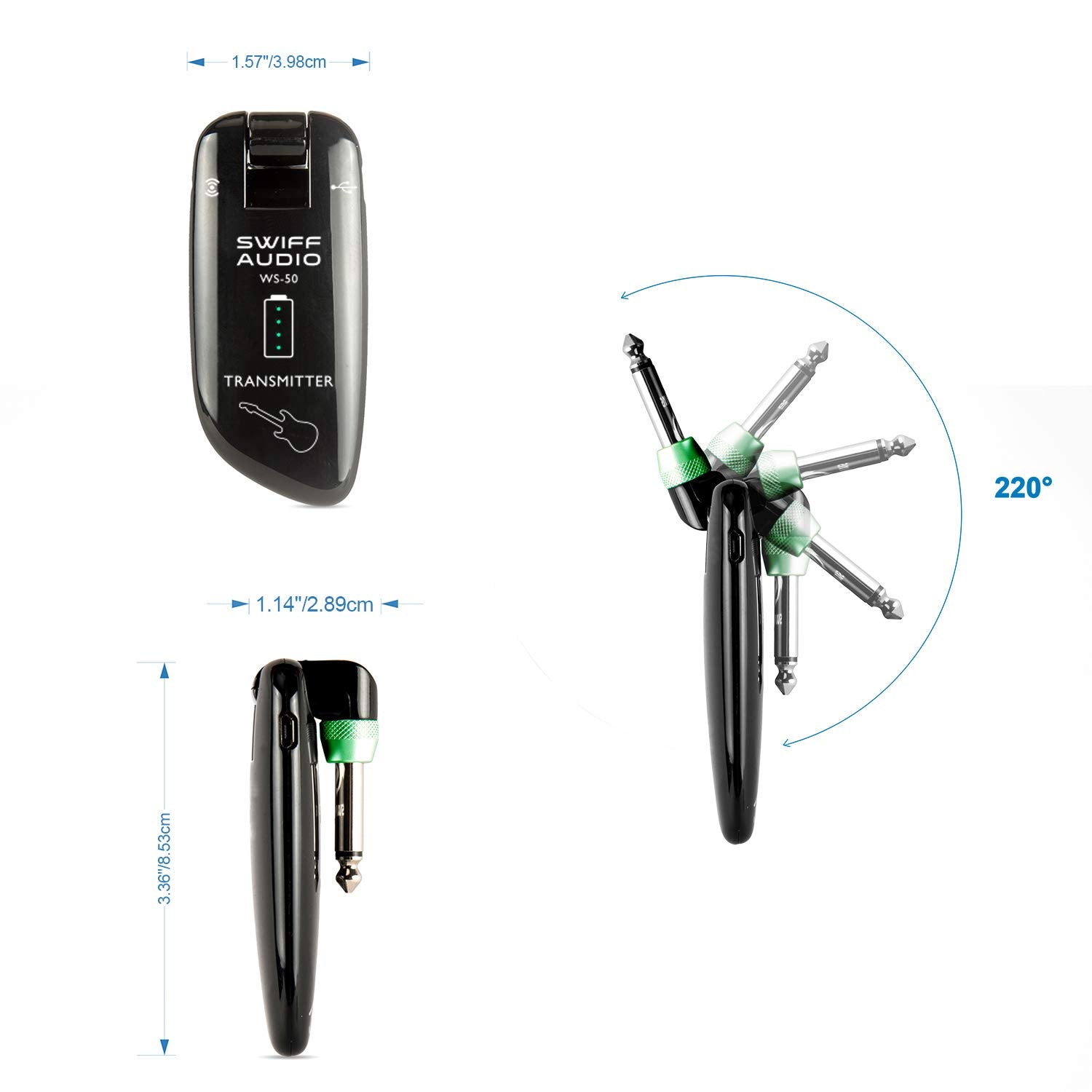 Rechargeable battery status indicator on SWIFF guitar system back