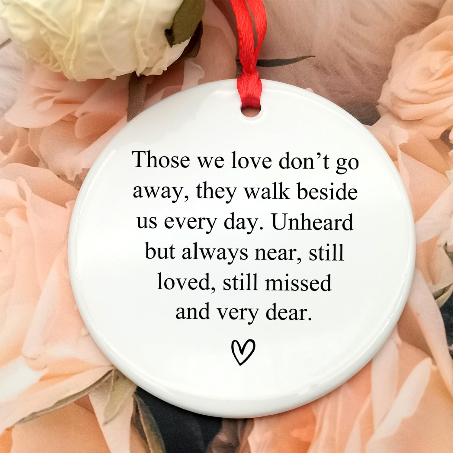 Sympathy gift ceramic ornament with red and gold ribbons and gift box