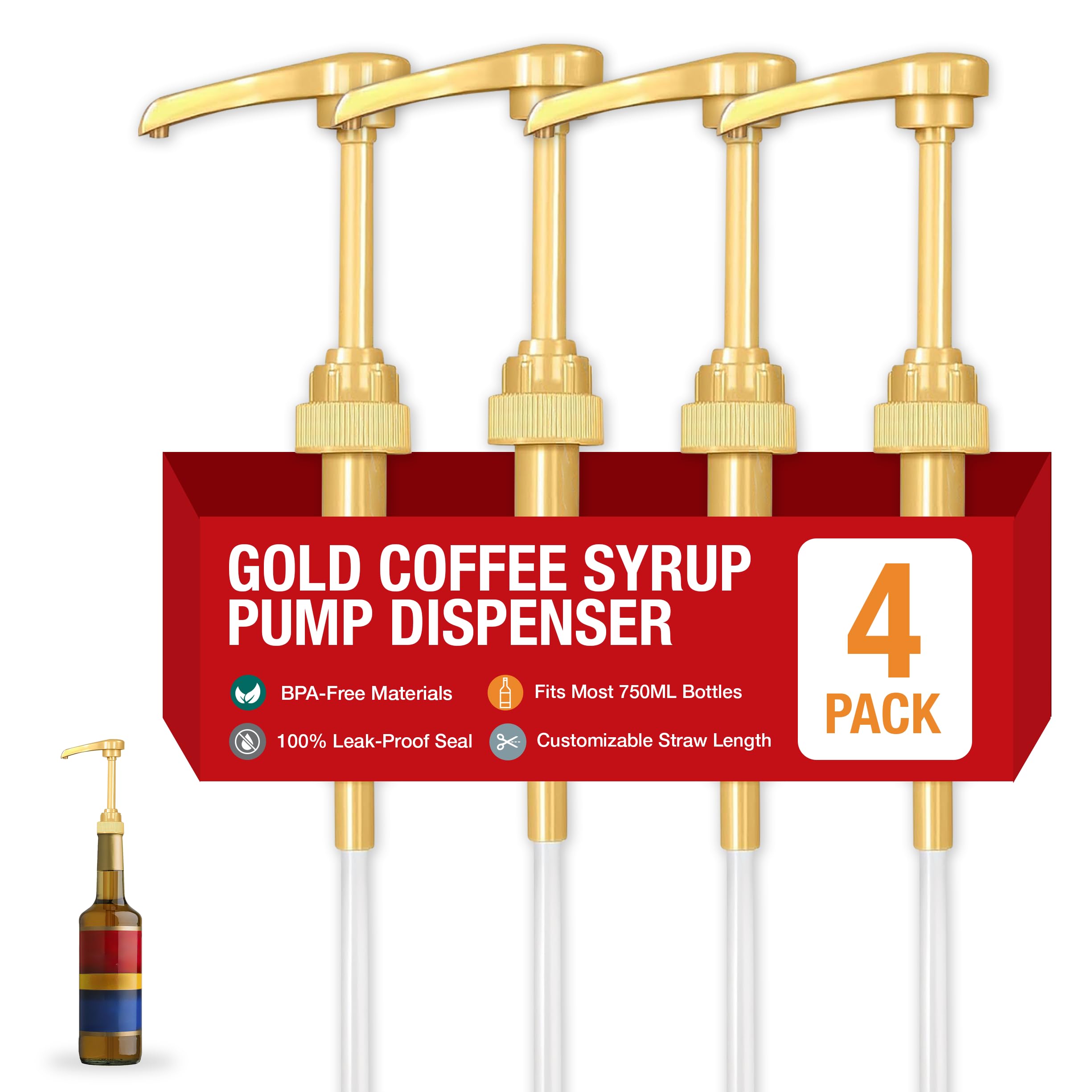 Gold syrup pump 750ml Torani Davinci Skinny bottles in a 4-pack