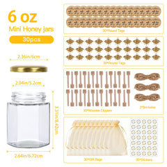 Glass hexagon honey jar set with golden lids for 30 jars