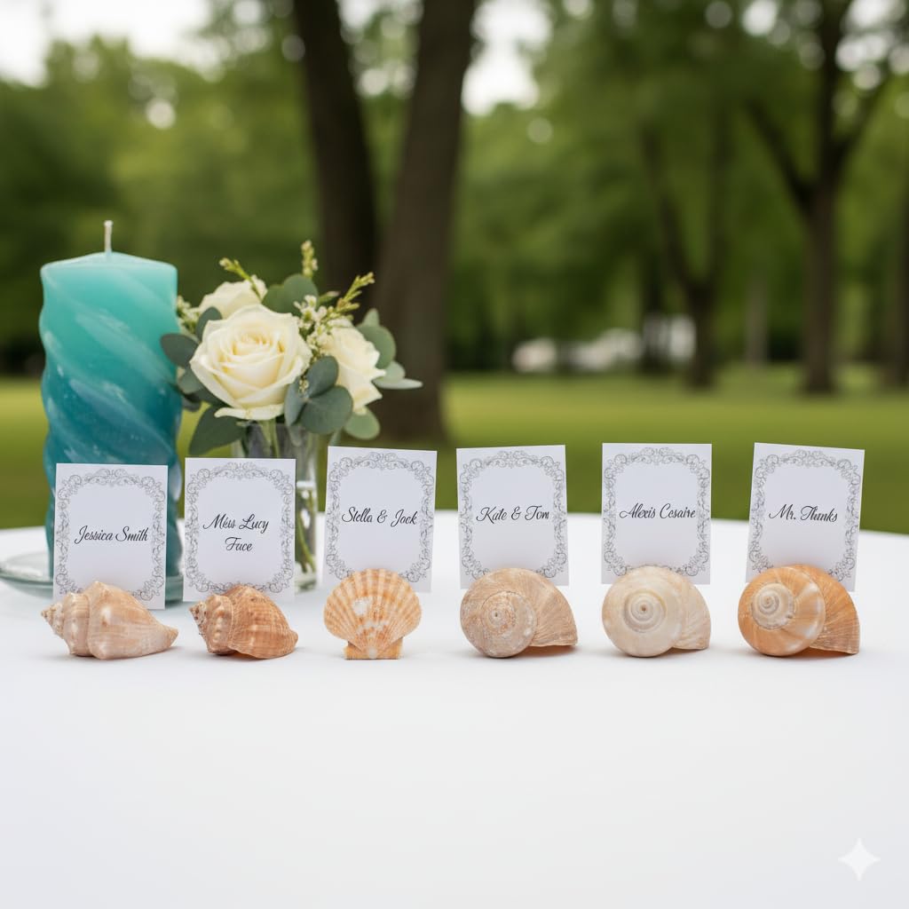 Table number holders featuring natural seashells and starfish