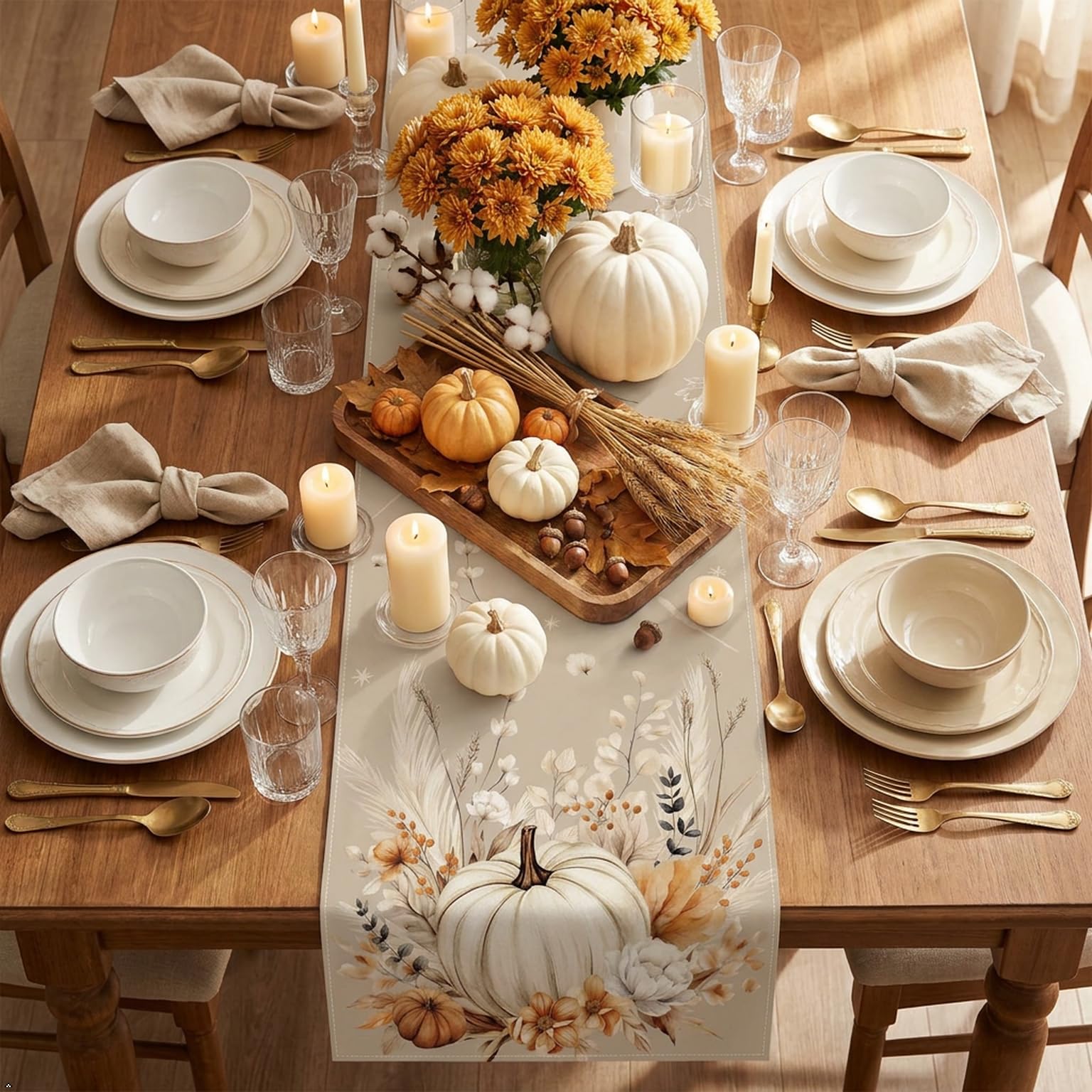 72 x 13 inch table runner in beige with boho fall motif