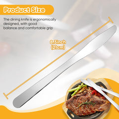 Serrated blade dinner knives with silver finish