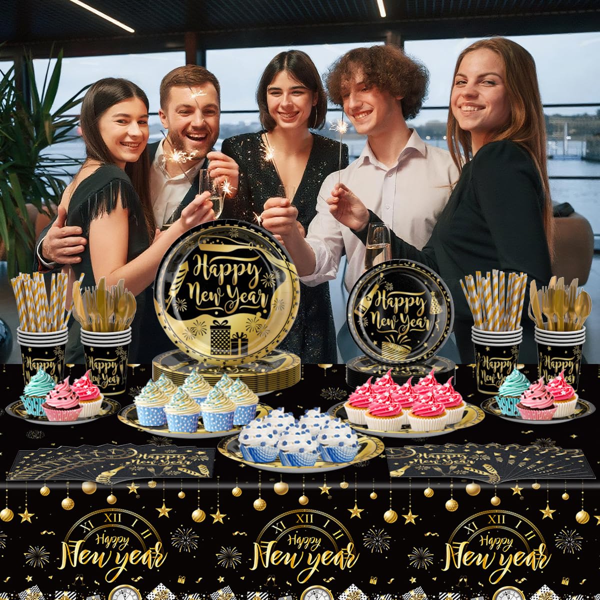 Disposable New Year Eve party tableware with forks and scoops