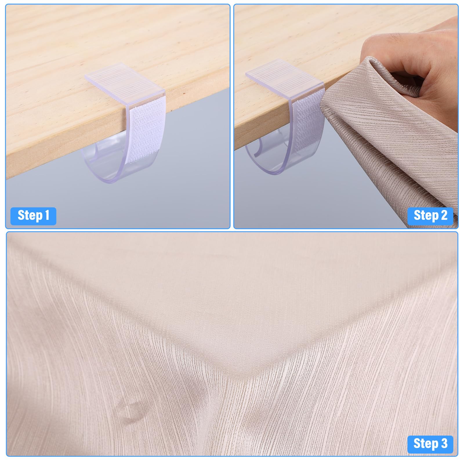 Clip attached to table edge securing tablecloth and skirting
