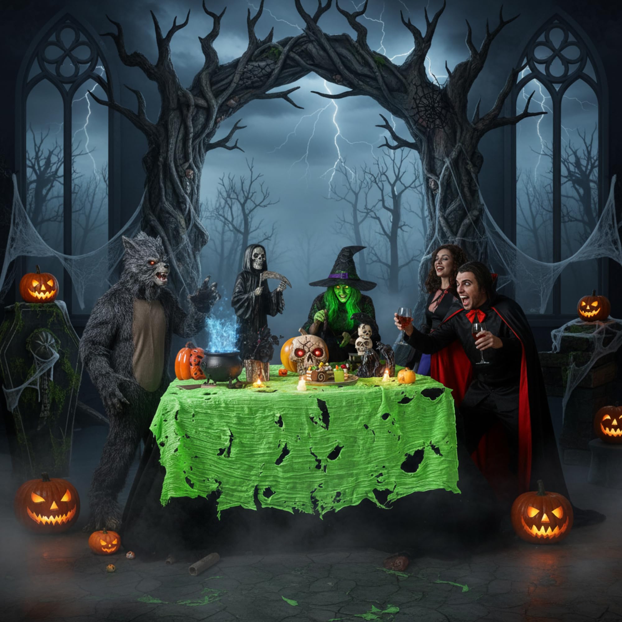 Halloween party setup with green gauze tablecloth