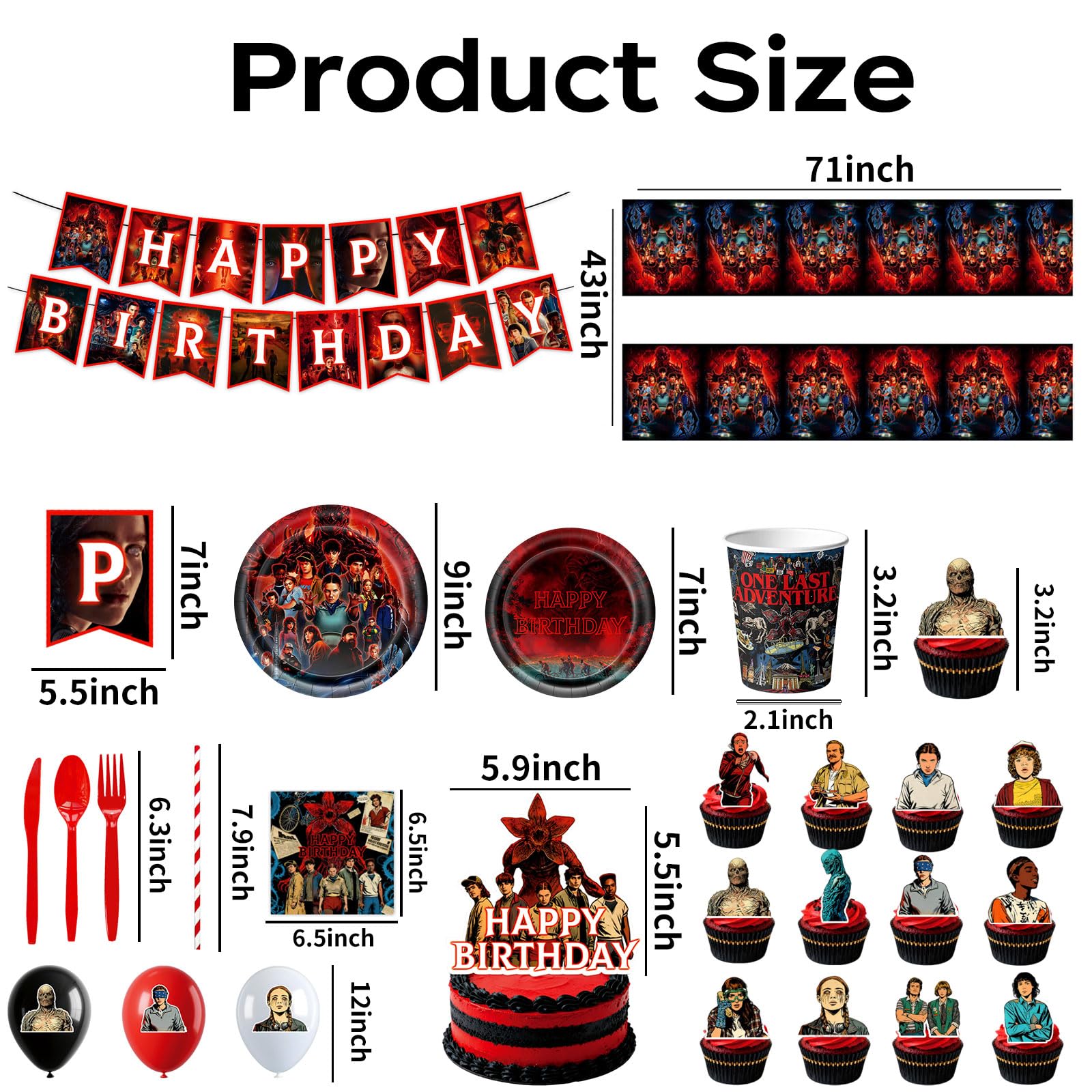 Tablecloth plates cups napkins and cutlery from Stranger 5 TV Birthday Decorations Set