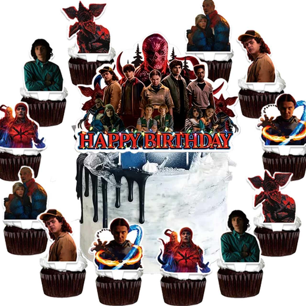 tablecloth and cake toppers for Stranger Things party