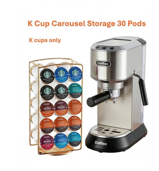 Tabletop gold pod stand fits small kitchen spaces