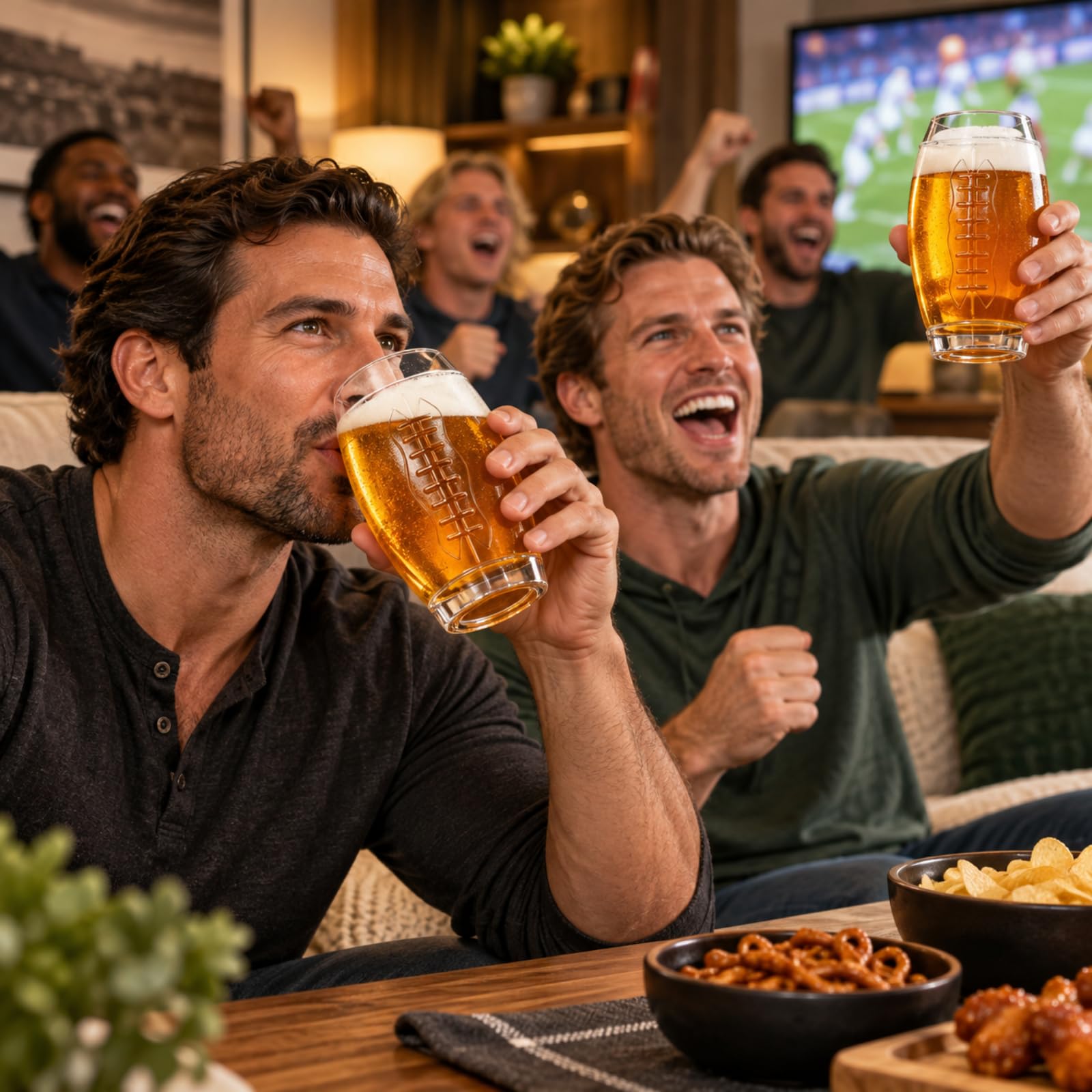 Tailgate celebration with football mugs and clear glass