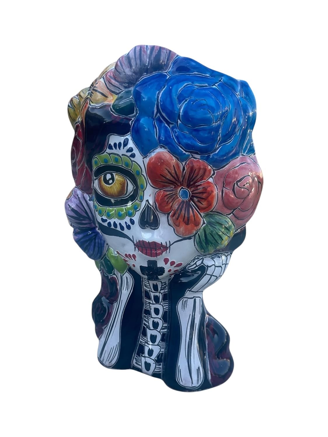 Talavera Day of the Dead Planter skeleton design with red lips