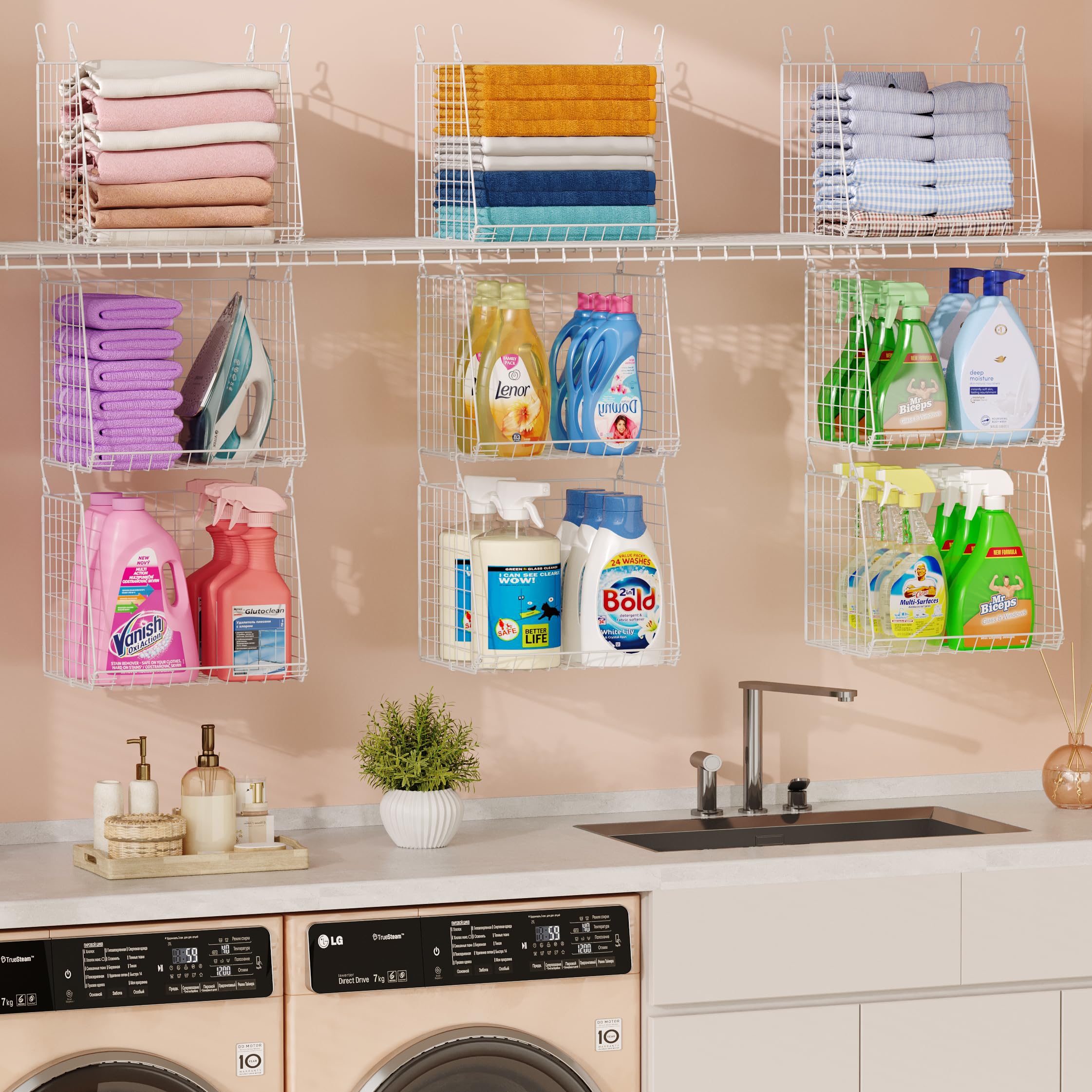 Laundry basket organizer used in laundry room for detergent and towels